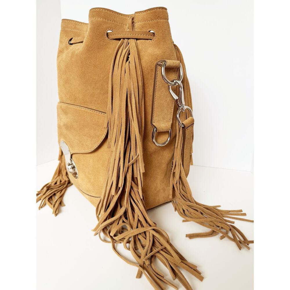 Ralph Lauren Ricky Fringe Bucket Bag Suede Camel Leather Drawstring Crossbody - Picture 8 of 16
